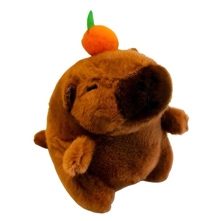 Breloc Capybara cu Portocala pe Cap – Mecanism cu Tragere si Coada Rotativa, 12cm