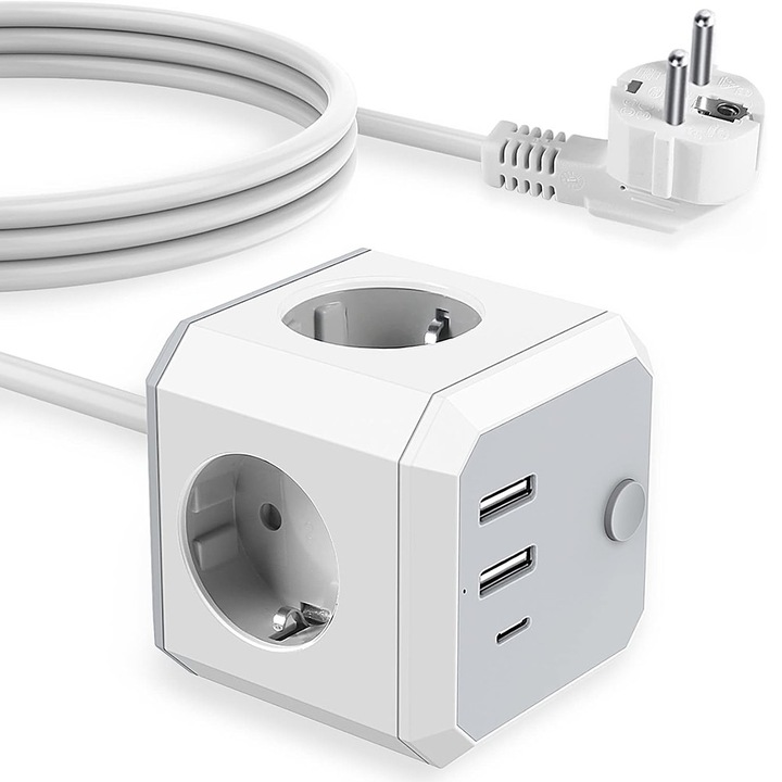 Prelungitor Cub cu USB, 4 Prize, 2xUSB, 1xType C, Incarcare Rapida, Alb/Gri, Cablu 1.8m