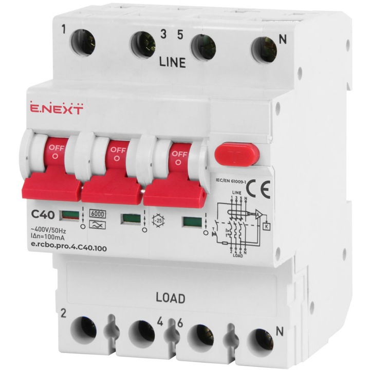 Siguranta electrica E.NEXT, intrerupator diferential 4P, 40A, 30mA, 6kA, tip A, montaj pe sina DIN, IP20
