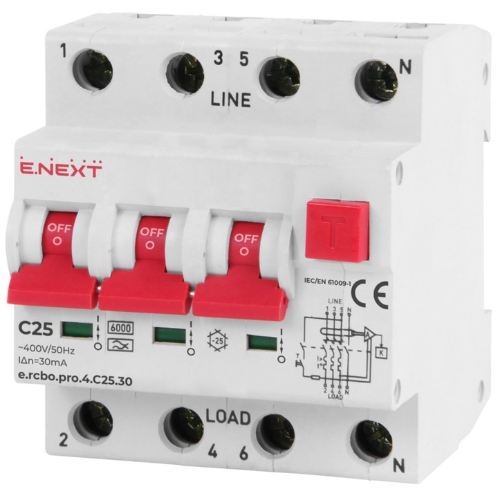 Siguranta electrica, E.NEXT, intrerupator diferential 4P, 25A, 30mA, 6kA, tip A, IP20