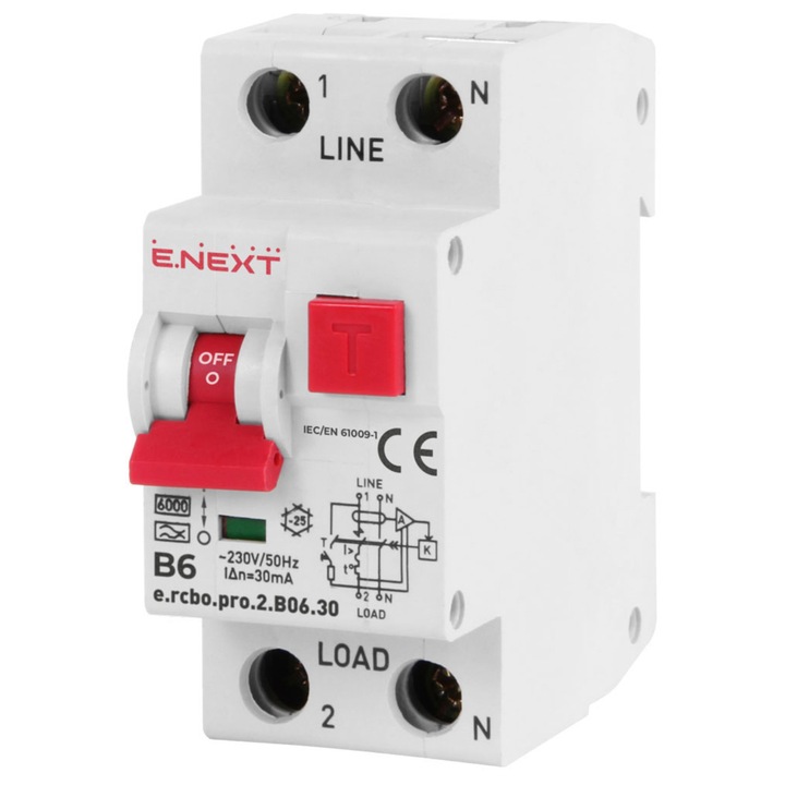 Електрическа безопасност, E.NEXT, дефектнотокова защита 2P, 6A, 30mA, 6kA, тип A, IP20