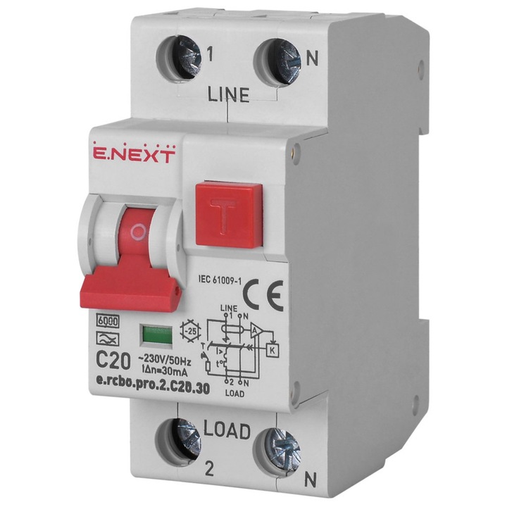 Електрическа безопасност, E.NEXT, дефектнотокова защита 2P, 20A, 30mA, 6kA, тип A, IP20