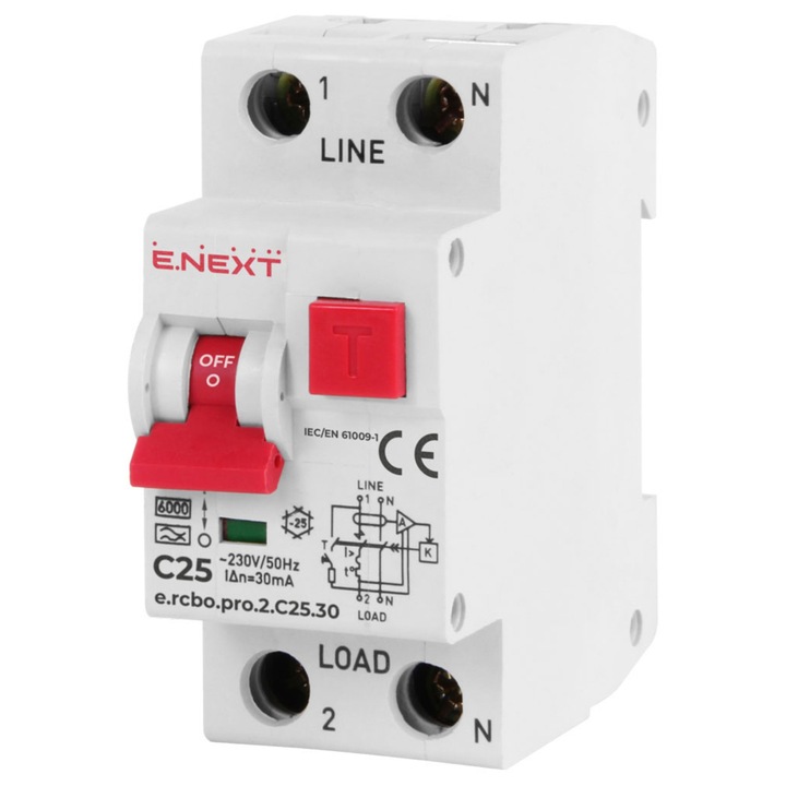 Електрическа безопасност, E.NEXT, дефектнотокова защита 2P, 25A, 30mA, 6kA, тип A, IP20