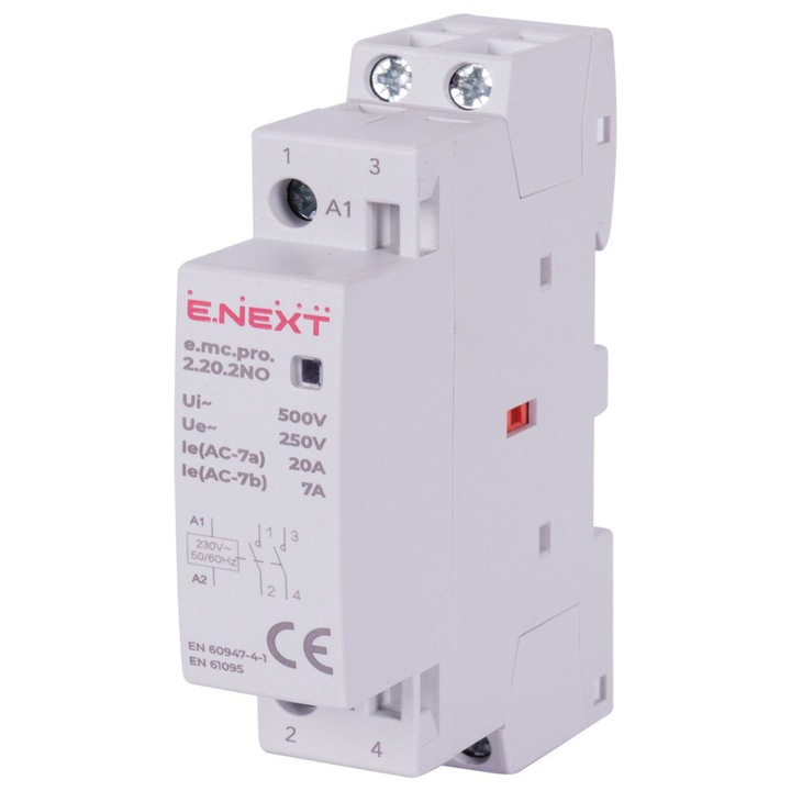 Moduláris kontaktor E.NEXT PRO 2P 20A 2NO 230V AC, 18mm, IP20, elektromos berendezésekhez