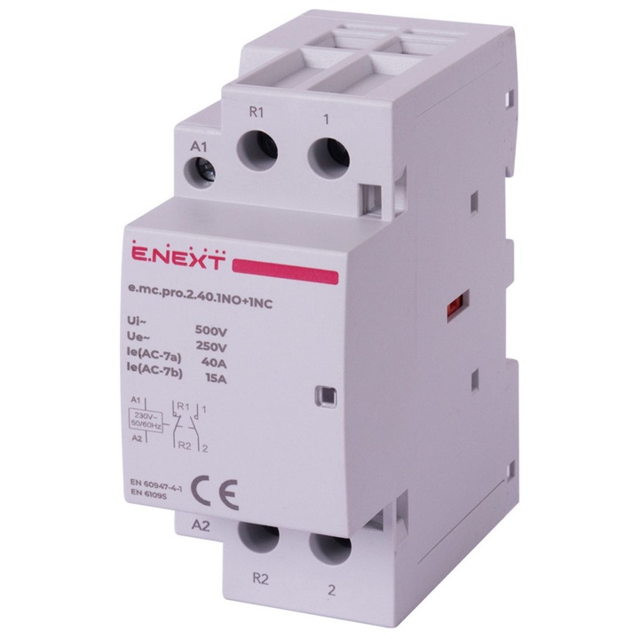 Contactor modular E.NEXT PRO 2P 40A 1NO+1NC 230V AC, montaj pe sina DIN 35 mm, durabilitate 1.000.000 cicluri