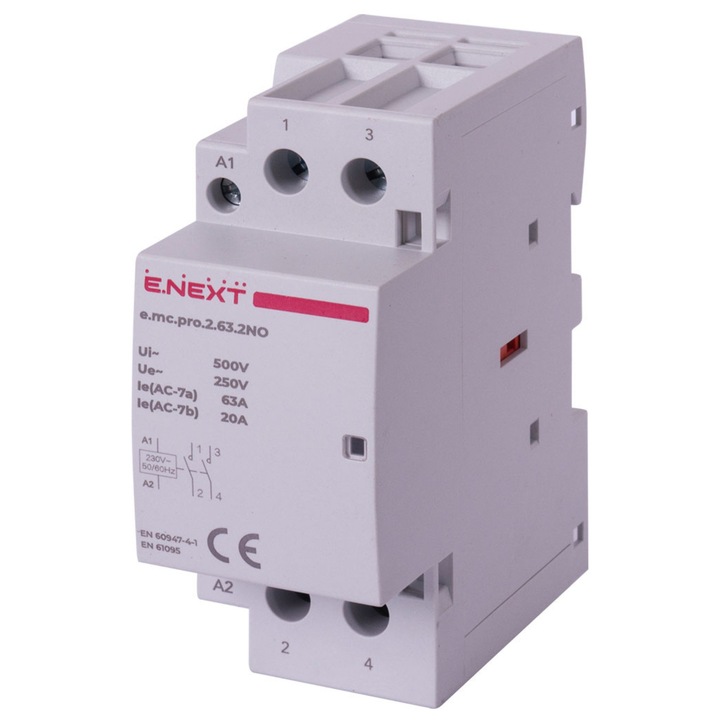 Contactor modular E.NEXT PRO 2P 63A 2NO 230V AC, montaj pe sina DIN 35mm, protectie IP20