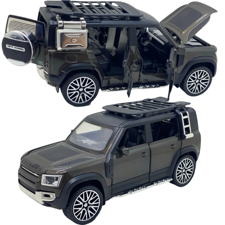 Macheta Auto Land Rover Defender 110 Die-Cast, Scara 1:32, 16 cm / 1: 32 scara, jucarie cu Lumini si Sunete, Usi/Capota/Portbagaj Functionale, Model Off-Road – culoare maro metalizat