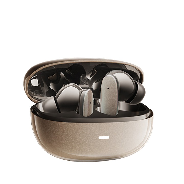 Casti Bluetooth Wireless SJ01 Tip intra-ureche cu ANC Noise Cancelling Ecran color cu afisaj numeric Control inteligent prin APP Autonomie extinsa Latenta redusa nivel gaming Stereo dual bilateral HD Compatibile cu toate modele de telefoane Auriu