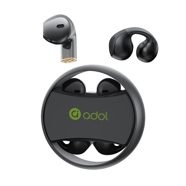 Casti Bluetooth Wireless HS01 - Set de 4 bucati Portabilitate dubla clips pentru ureche + semi-intrare in ureche Depozit cu afisaj numeric incarcare rapida Autonomie extinsa Stereo dual bilateral HD Moduri duale jocuri ascultare muzica, Negru