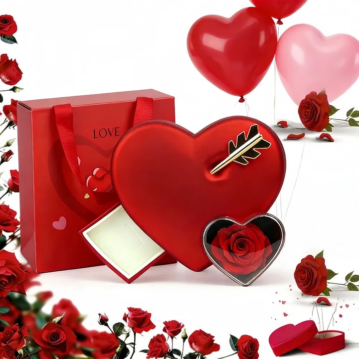 Cutie Bijuterii Cadou Inima FARA BIJUTERII Cu Trandafir Natural Etern Compartiment Colier Cercei Inel Design Romantic Lux Femei Iubita Valentine Aniversare Decor Elegant