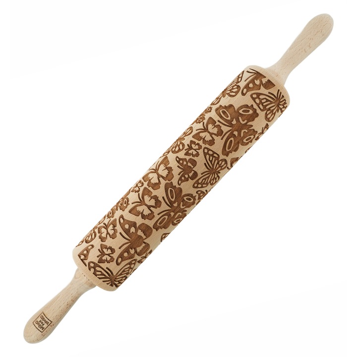 Rola de lemn pentru aluat, MoodForWood, 43 cm, model fluturi, din lemn de fag, ideala pentru prajituri