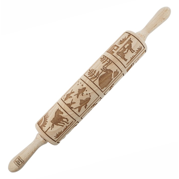 Rola de lemn pentru aluat, MoodForWood, grawerata, 43 cm, motiv animale, culoare naturala