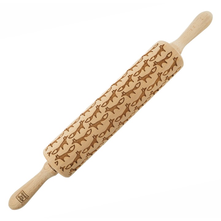 Sucitoare din lemn, grawerata, 43 cm, model vulpe, natural, set pentru prajituri