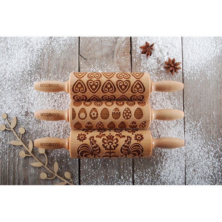 Sucitoare din lemn, set 3 bucati, grawerate, design traditional de Paste, 24,5x4,6cm, culoare naturala