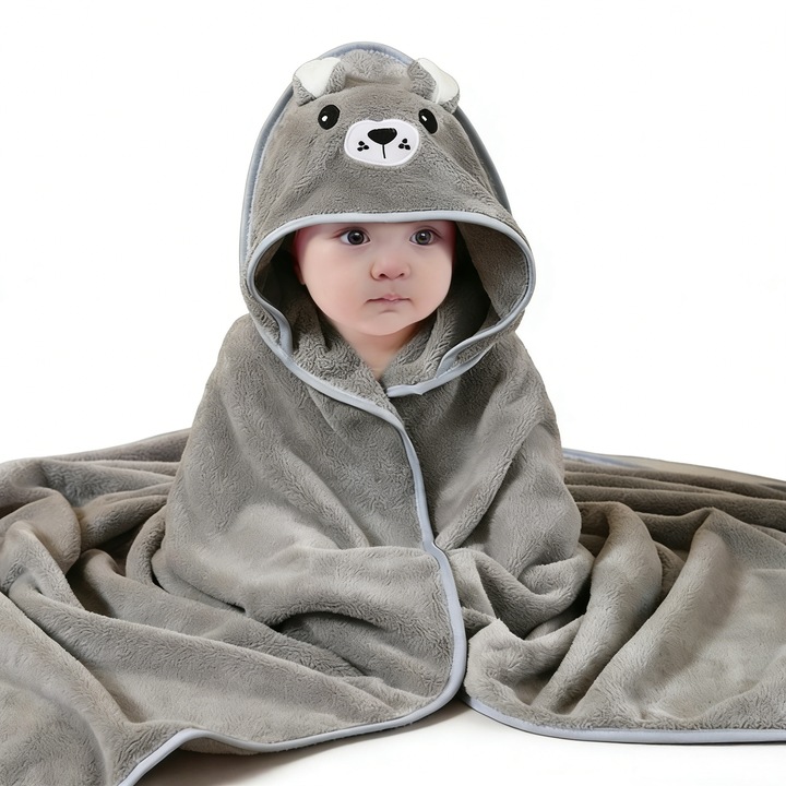 Prosop de baie pentru copii si bebelusi cu gluga, prosop absorbant din coral fleece, moale si delicat, broderie ursulet, pentru baie copii, pentru dus si piscina, 80×80 cm, gri