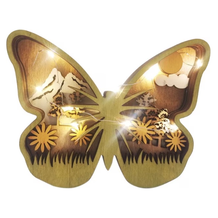 Decoratiune din lemn · Decor creativ pentru casa, in forma de fluture din lemn · Cu functie de iluminare · Potrivita pentru decorarea biroului, dormitorului sau livingului · 16×12×2,5 cm