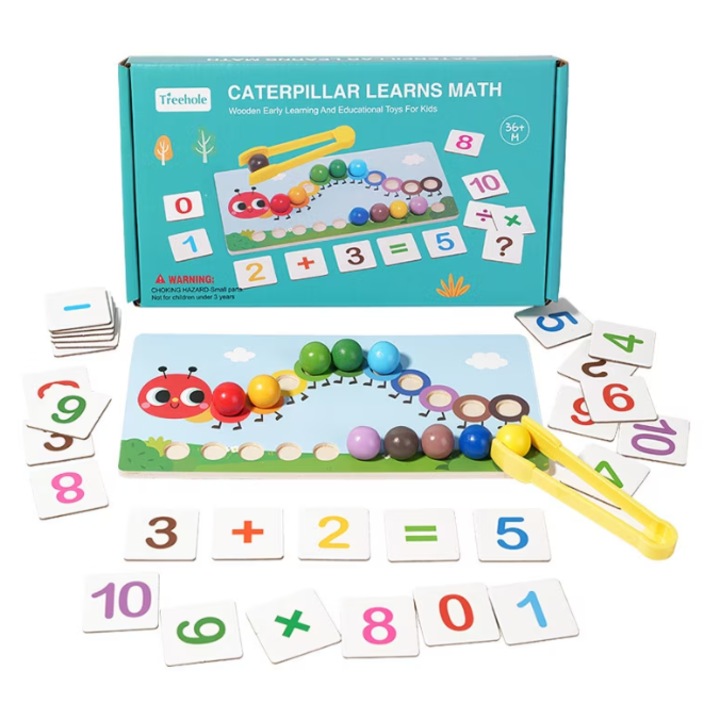 Jucarie educativa matematica cu margele „Omida” · Jucarie din lemn pentru dezvoltare intelectuala timpurie · Material didactic pentru algoritmi si adunare/scadere pentru prescolari · Exercitii de coordonare mana-ochi · Dezvoltarea gandirii logice · 24,5cm