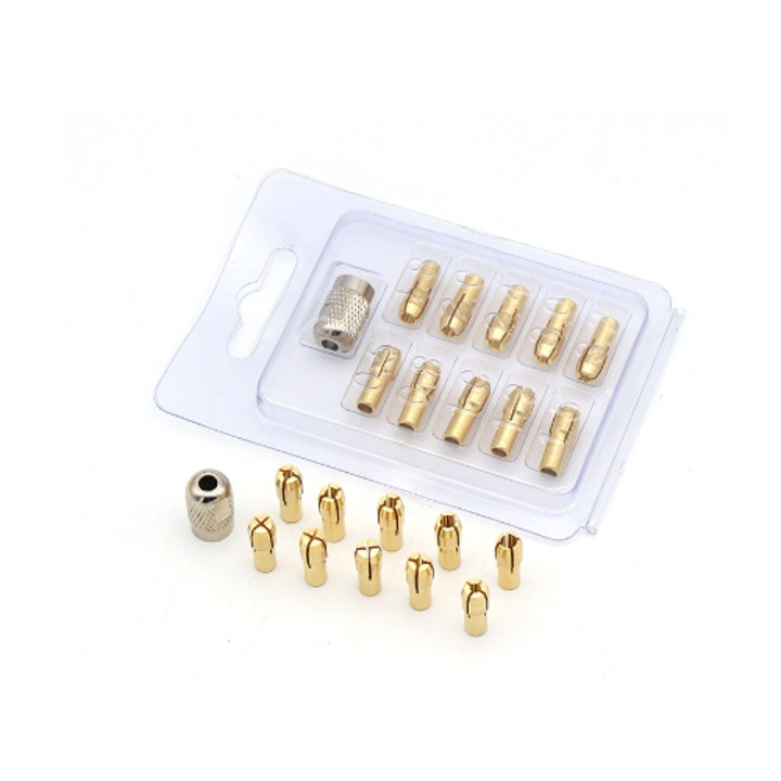 Set mini bormasina electrica · 10 accesorii cu cap de slefuit din cupru · Mandrina cu miez de cupru si piulita M8 · Diametru coada 4,8 mm · Accesorii profesionale pentru bormasina