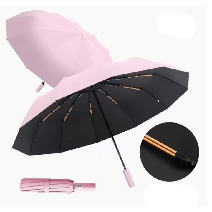 Umbrela complet automata pliabila · 24 spite ranforsate · Potrivita pentru soare si ploaie, protectie UV · Design consolidat rezistent la vant · Portabila, usor de depozitat · Lungime pliata 33 cm · Roz