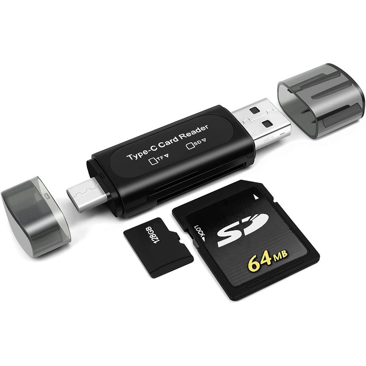 Cititor De Card Cu Adaptor 4 In 1, PeiTou®, Micro SD Card Reader, negru