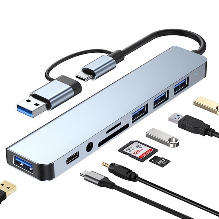 Хъб USB 3.0, VIENON 8 в 1 с четец за SD/TF карти и 3.5мм аудио жак, алуминий, сив, Rqiurpn