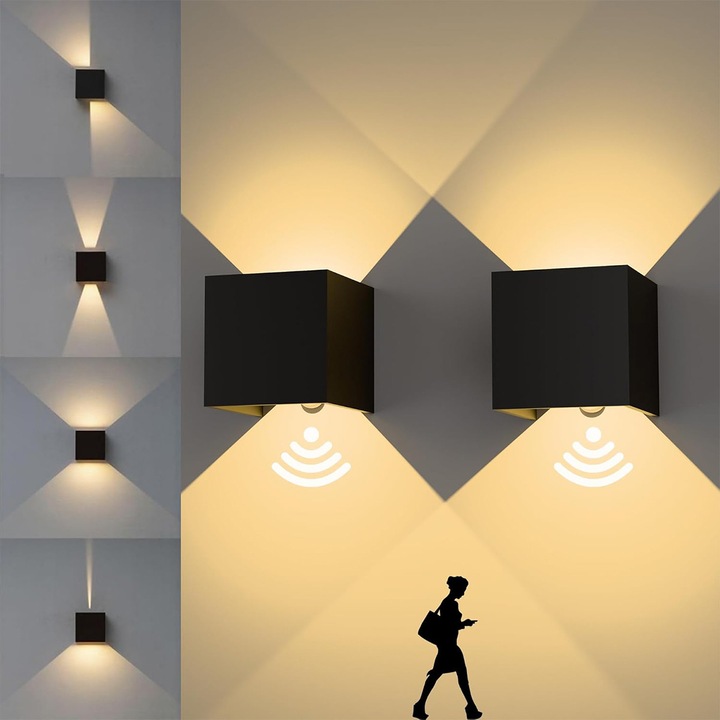 Външна LED апликация със сензор за движение, YOUKUKE, 2 броя, 12W, IP65, топло бяла светлина 3000K, двойно осветление нагоре-надолу, регулируем ъгъл, алуминиев корпус, идеална за тераса, градина, балкон или алея, Черна, 10 x 10 x 10 см