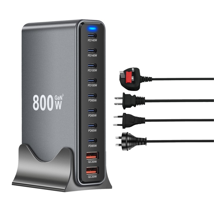 Станция за зареждане с 10 порта 800 W, USB-C до 140 W, USB-A QC 30 W Компактно тънко зарядно устройство за множество устройства, съвместимо с лаптопи, iPhone 15/16, Galaxy, PS5