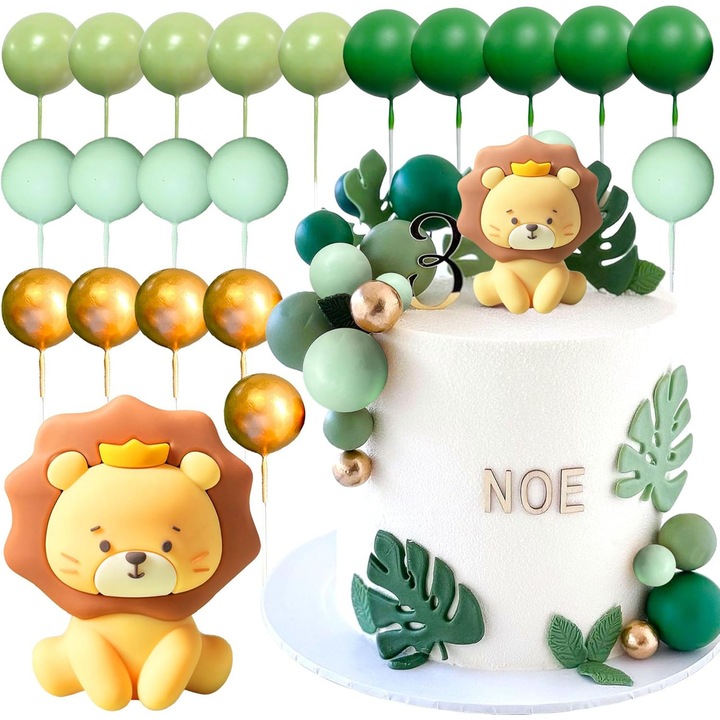 Декорации за торта сафари, лъв, златни и зелени топки, комплект