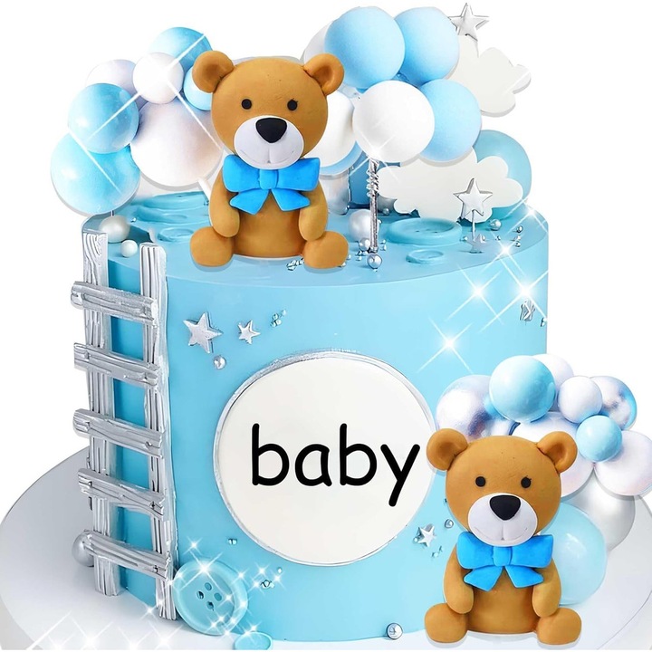 Set decorare tort Teddy Bear, 2 topperi urs, 2 nori albastri, 1 balon albastru, 6 stele, 4 nori mini, 1 numar "1", 1 balon cu aer cald