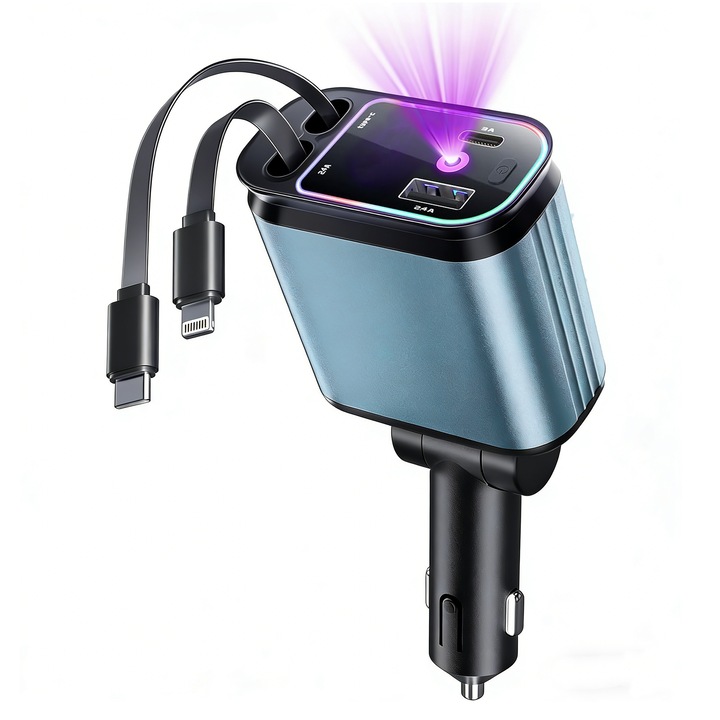 Incarcator auto 4 in 1, 120 W, rotire 180°, cu 1 cablu retractabil USB-C si 1 cablu compatibil iPhone, lungime 800 mm, porturi 1xUSB Type-C 5V/3A, 1xUSB A 5V/2,4A, incarcare rapida, afisaj luminos indicator tensiune baterie masina 12-24V, Lampa Purple Sta