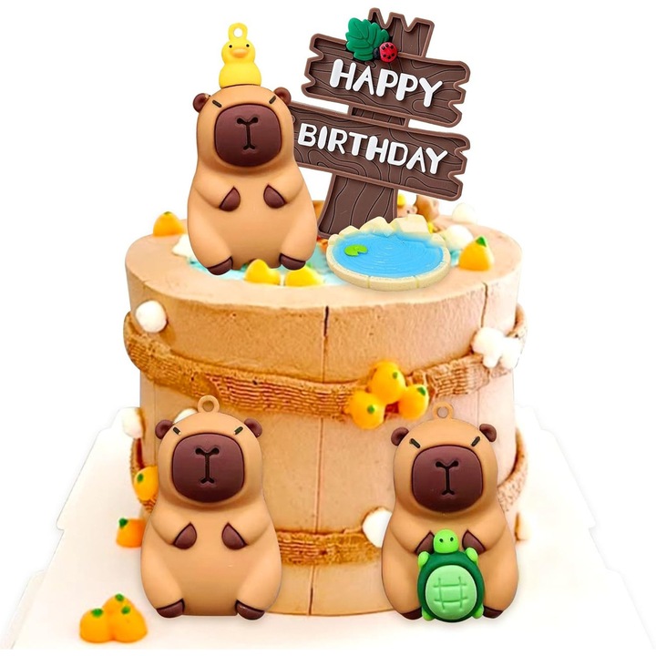 Set accesorii petrecere, figurine capybara, decoratiuni tort, multicolor, 3 forme diferite, 1 semn "La multi ani"