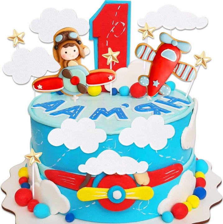 Парти аксесоари, Декорации за торта самолет, 13 броя, червени, с пилот и бели облаци