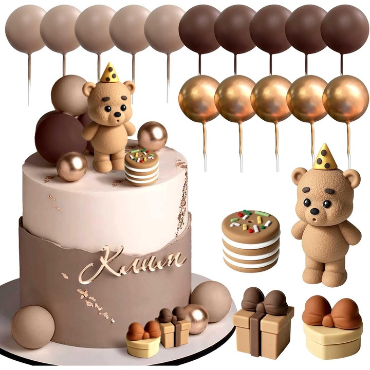 Set accesorii petrecere, decor cake topper urs, 1x topper urs, 5x bile aurii, 5x bile maronii, cutii diferite, multicolor