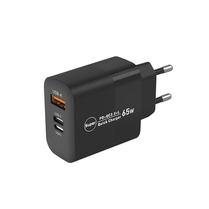 Incarcator invers multiport, 3 porturi cu incarcare rapida de 65W, 1 port USB-A 1port USB-C 1port USB-L, accepta protocolul QC3.0, design universal multiport, compatibil cu telefoane mobile, smartwatch-uri, iPhone, Huawei, Samsung, Xiaomi, Negru