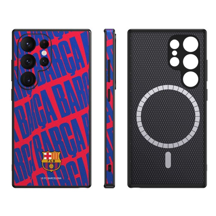 Etui magnetic FC Barcelona pentru Samsung Galaxy S24 Ultra, negru, cu suport integrat