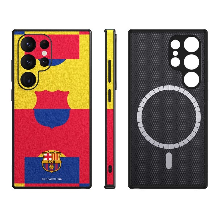 Etui magnetic FC Barcelona pentru Samsung Galaxy S24 Ultra, bordowy, cu suport integrat