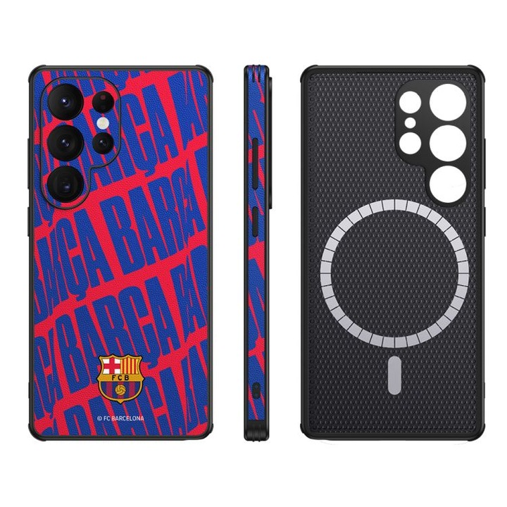 Etui magnetic FC Barcelona pentru Samsung Galaxy S25 Ultra, negru, suport integrat