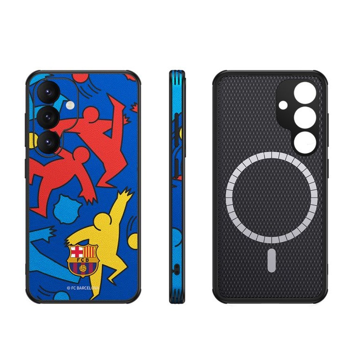 Etui magnetic FC Barcelona pentru Samsung Galaxy S24, roz, material plastic, suport integrat