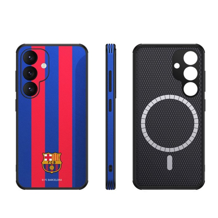 Etui magnetic FC Barcelona pentru Samsung Galaxy S25, granat, suport multimedia