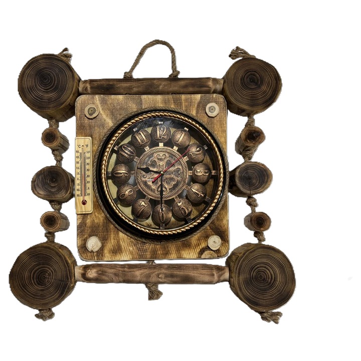 Ceas de perete Greenelsol vintage din lemn natural cu decor din sfoară, termometru, 55x55cm