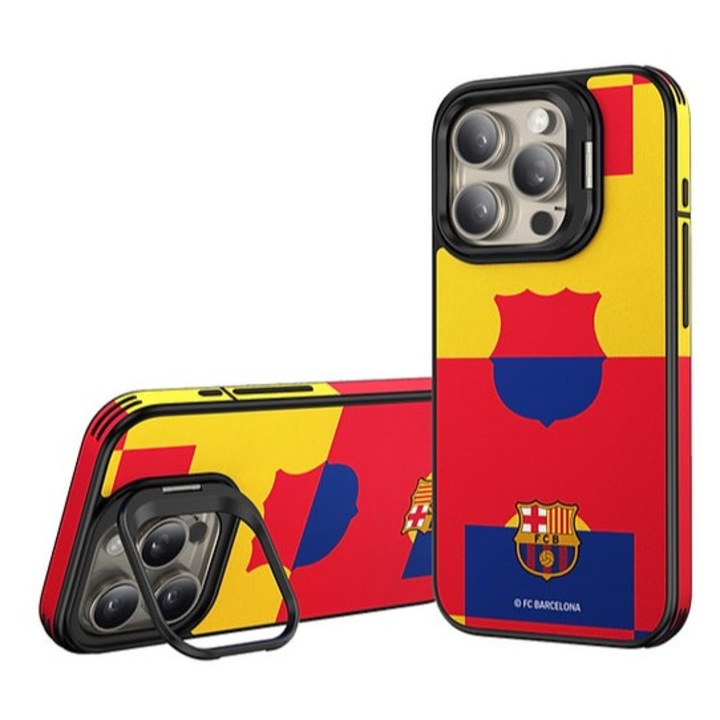 Husa pentru iPhone 16 Pro Max FC Barcelona Special Edition, piele sintetica, compatibilitate MagSafe, protectie socuri, negru