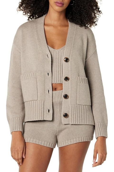 Cardigan scurt dama Brigitte, bej, amestec de bumbac, marime XXL