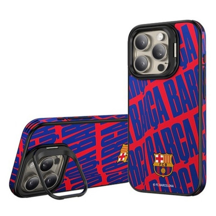 Etui FC Barcelona pentru iPhone 16 Pro Max, magnetic, compatibil MagSafe, protectie socuri, suport incorporat