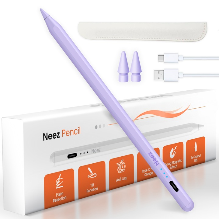Stylus Pen, Neez Pencil, pentru iPad Apple (2018–2026), Alternativa Apple Pencil, Pen iPad, Pix Digital cu Palm Rejection, Tilt, Atasare Magnetica, Fast Charge USB-C (30 min), Autonomie 12 ore, Anti-Lag, Penite Anti Zgarietura (POM), Aluminiu, Mov
