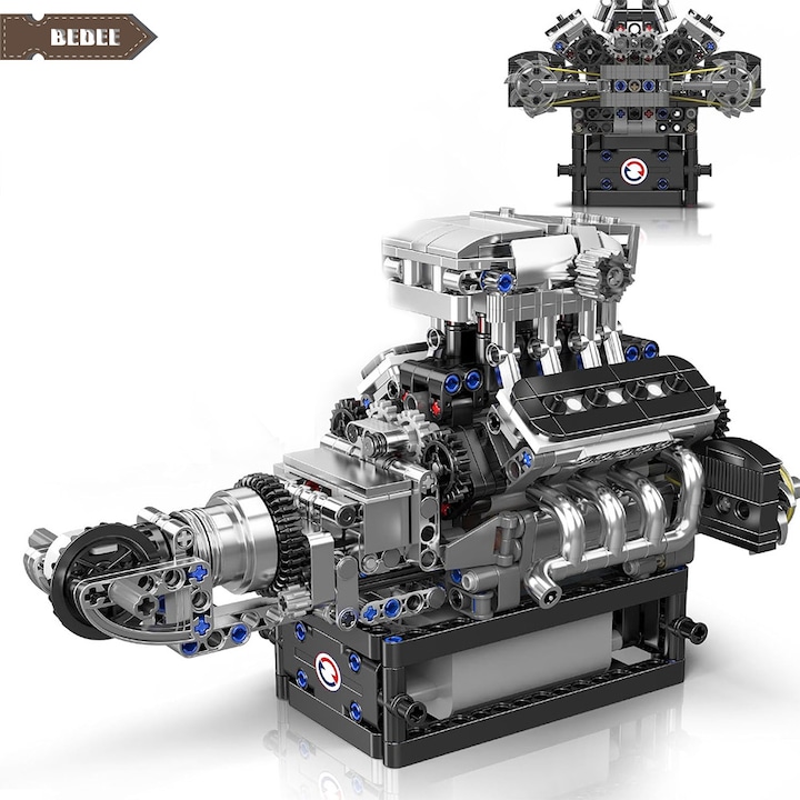 Blocuri De Constructie Cu Motor V8, Bedee,733 piese, ABS, tehnologie motor auto, Usor de asamblat, model STEM educational, 14 ani+, pentru baieti si fete, Negru