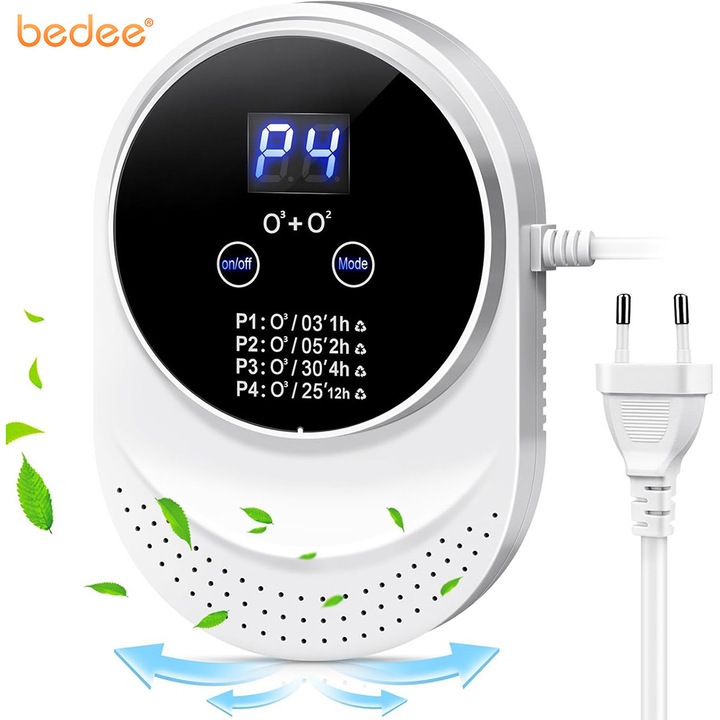 Purificator de aer cu ozon, Bedee, Pentru suprafete de 5-30 mp, 4 moduri functionare, LCD, eliminare mirosuri, Silent, Stirilizare bacterii, virusi, pentru bai, bucatarii, camere mici, Alb