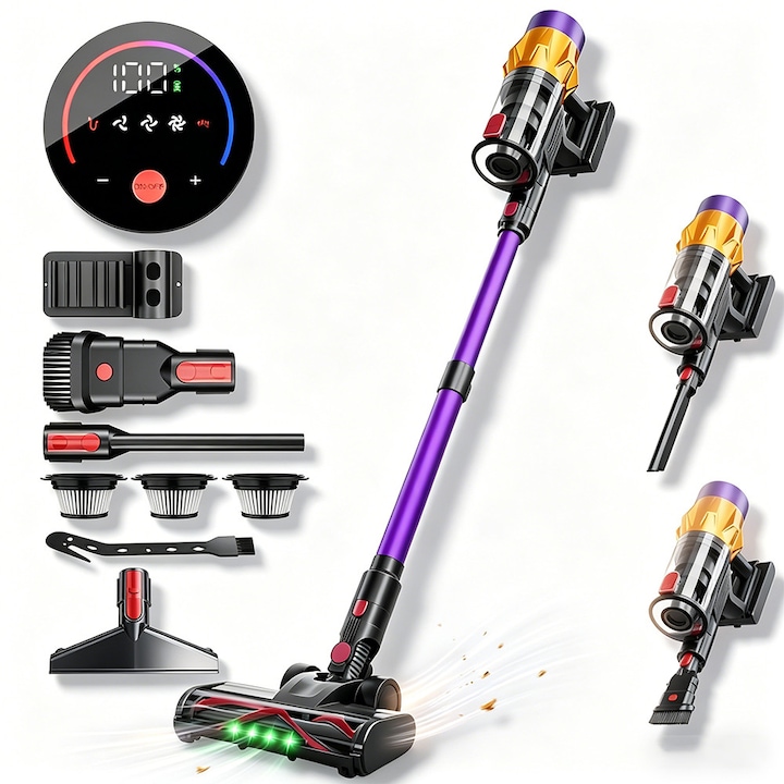 Aspirator fara fir, Bedee,550W,35KPa, Ecran tactil si 3 moduri de aspirare, Afisaj LED, 40 Minute Autonomie, Filtru HEPA, Nivel de zgomot sub 62 de decibeli, pentru par de animale, covoare, pardoseli, Auriu/Mov