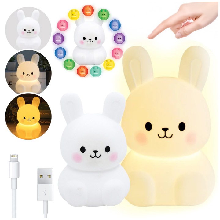 Gyermek éjjeli lámpa, nyuszi modell, szilikon, RGB, 148x113x101mm, USB-C kábellel