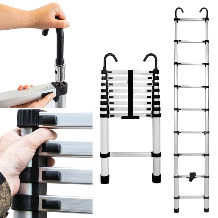 Teleszkópos létra, Baulich, alumínium, 9 fokos, levehető kampókkal, max. munkamagasság 260 cm, teherbírás 125 kg, 6,5 kg, fekete-ezüst