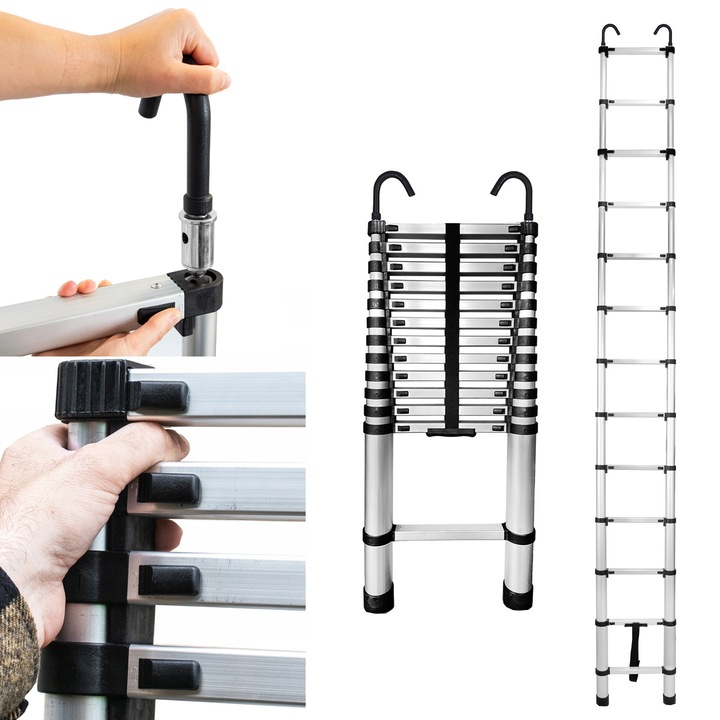 Teleszkópos létra, Baulich, alumínium, 13 fokos, levehető kampókkal, max. munkamagasság 380 cm, teherbírás 125 kg, súly 10,5 kg, fekete-ezüst